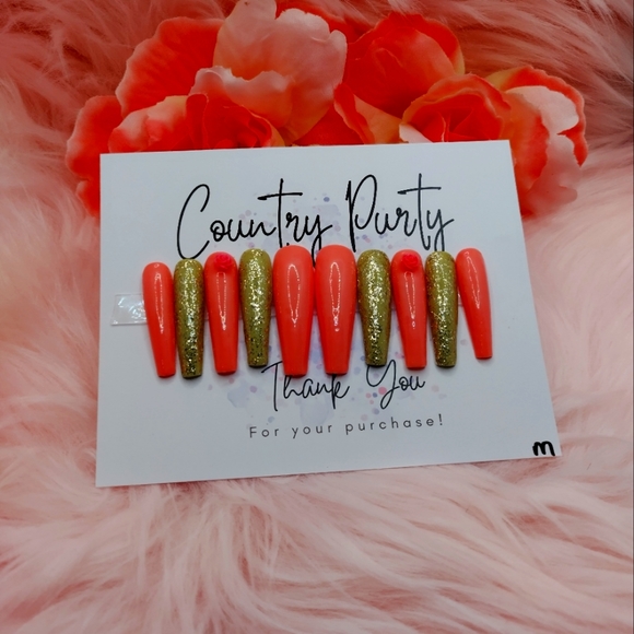 Custom press on nails extra long size medium coral and gold resin roses - Picture 1 of 5
